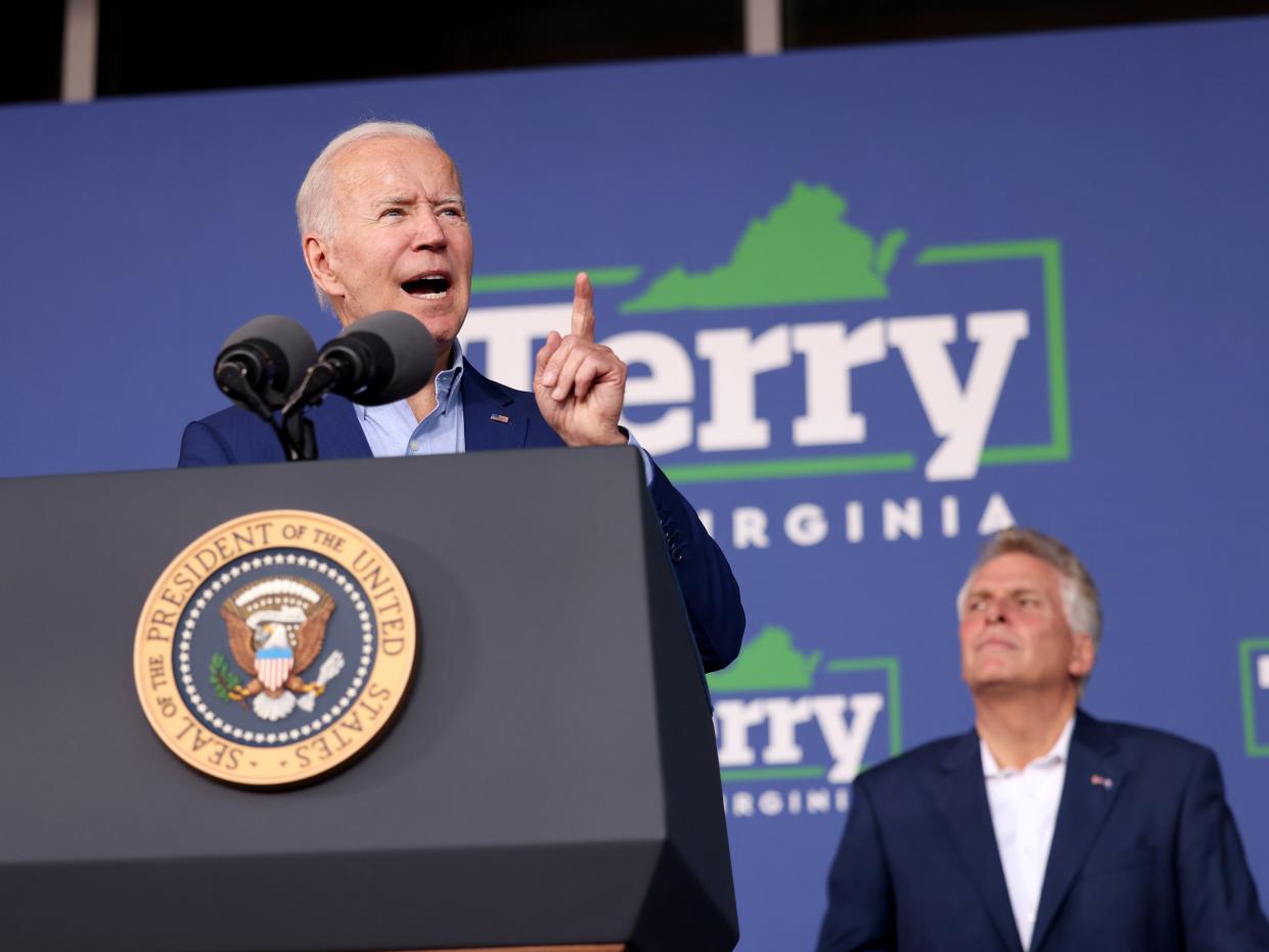 Joe Biden participates in a campaign event for Virginia gubernatorial candidate Terry McAuliffe at Lubber Run Park in Arlington, Virginia, U.S., July 23, 2021. (REUTERS)