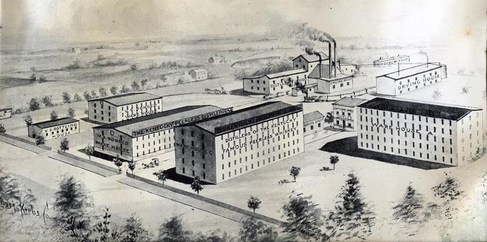 An artist's panorama of the Peerless distillery about 1910. Elijah W. Worsham and Capt. J. B. Johnston began operations in 1881 on McKinley Street near the corner of Garfield Avenue. The Peerless brand was so valuable it was specifically mentioned in the deed that transferred ownership of the distillery to Henry Kraver in 1889. Kraver made many improvements in the equipment and buildings and greatly increased the distillery’s output. By 1917, the last year of production, he produced 23,200 barrels.