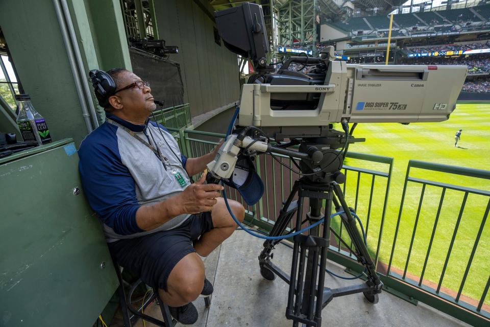 Milwaukee Brewers videographer Mickey McCoy works during the team's game against the Tampa Bay Rays Wednesday, August 10, 2022 at American Family Field in Milwaukee, Wis. The Milwaukee Brewers beat the Rays 4-3 in 10 innings.