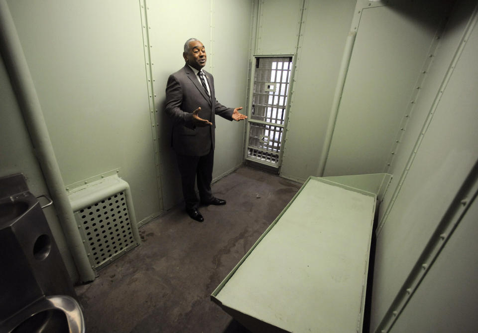 In this Friday, Jan. 10, 2020 photo, Jefferson County Sheriff Mark Pettway speaks in a cell at the old county jail in Birmingham, Ala. The county is taking steps to preserve the long-forgotten lockup, where officials say Dr. Martin Luther King Jr. served his final stint behind bars in 1967 about five months before his assassination. (AP Photo/Jay Reeves)