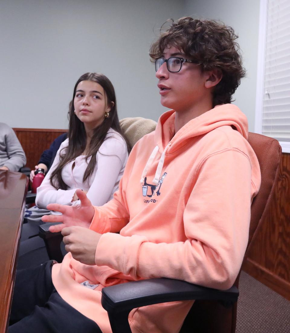 Students Isabel Palacios and Eli Goldman, both 17, talk about voting at Rye Neck High School Oct. 24, 2023.