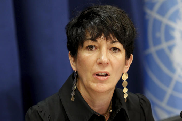 FILE - In this June 25, 2013, file photo, Ghislaine Maxwell, founder of the TerraMar Project, attends a news conference on the Issue of Oceans in Sustainable Development Goals, at United Nations headquarters. On Friday, Dec. 3, The Associated Press reported on stories circulating online incorrectly claiming members of the public can call a phone number and enter access code to listen to live audio of Ghislaine Maxwell’s trial. (United Nations Photo/Rick Bajornas via AP)