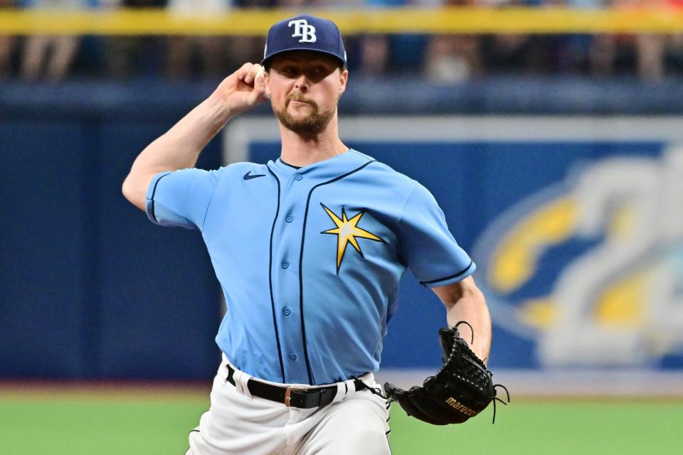 Rays pitcher Braden Bristo delivers a pitch to the Boston Red Sox in the ninth inning during his major league debut at Tropicana Field on April 13, 2023.