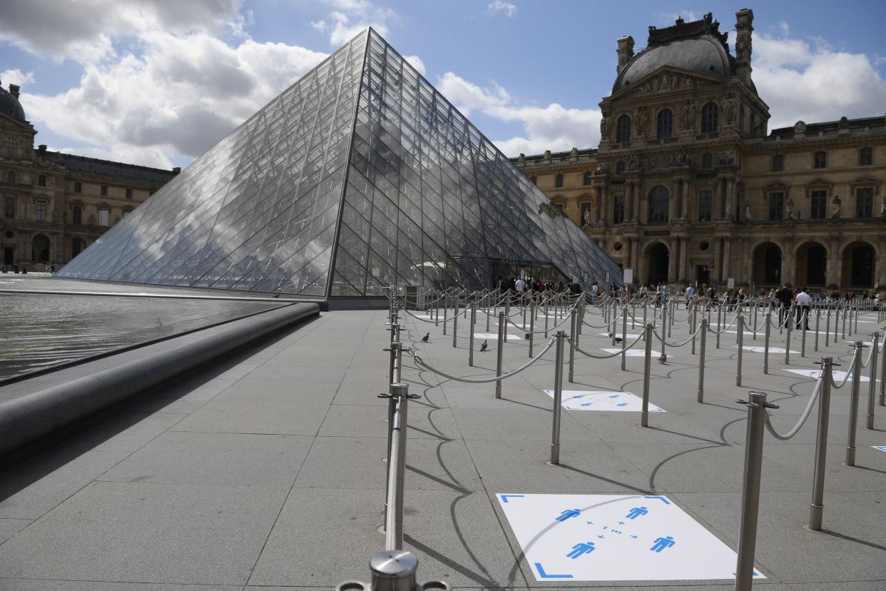 Social distancing marks are seen on the floor outside the Louvre museum as it reopens its doors following its 16-week closure due to lockdown measures caused by the COVID-19 coronavirus pandemic on July 6, 2020, in Paris, France.