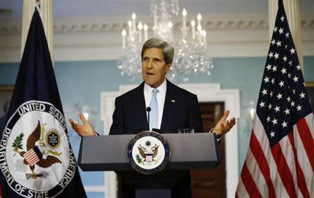 U.S. Secretary of State John Kerry speaks about the situation in Syria at the State Department in Washington, August 30, 2013. Kerry on Friday made a broad case for limited U.S. military action against Syria for its suspected use of chemical weapons, saying it could not go unpunished for such a "crime against humanity." REUTERS/Jason Reed