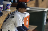 Seattle Mariners starting pitcher Justus Sheffield sits in the dugout after giving up two home runs during the fifth inning of the team's baseball game against the Minnesota Twins, Wednesday, June 16, 2021, in Seattle. (AP Photo/Stephen Brashear)