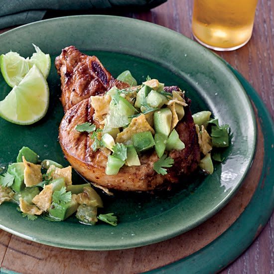 Grilled Chile Pork Chops with Tortilla-Tomatillo Salsa