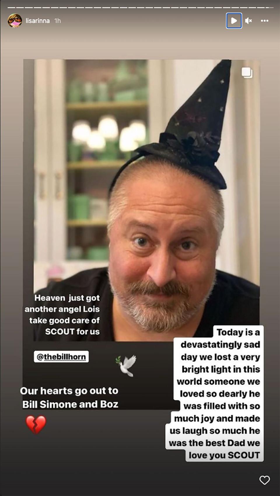 Tori Spelling and 'Real Housewives' Stars Mourn Sudden Death of Friend Scout Masterson. https://www.instagram.com/lisarinna/ Lisa Rinna/Instagram