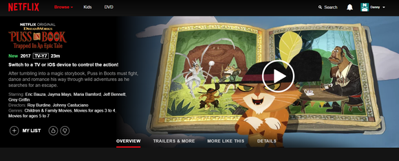 Netflix landing page for Puss in Book:Trapped in an Epic Tale, with an animated cat and a storybook.