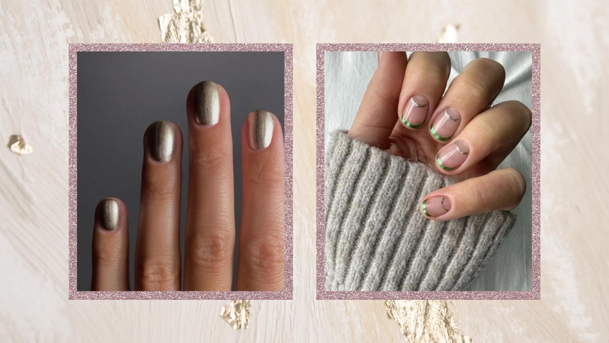  On the left, is a hand pictured with a gold manicure and on the right, a hand with gold and green French tips created by nail artists Festive nails by Mateja Novakovic and gel.bymegan/ in a cream and gold festive template. 