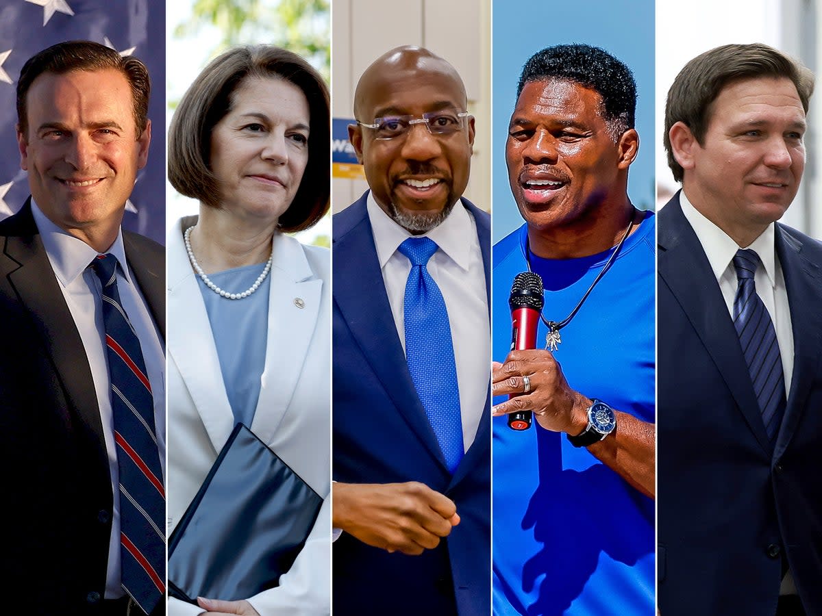 Left to right: Adam Laxalt, Catherine Cortez Masto, Raphael Warnock, Herschel Walker, and Ron DeSantis  (Getty/EPA)