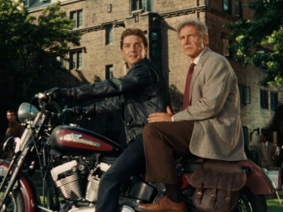Shia LaBeouf as Mutt Williams and Harrison Ford as Indiana Jones on a Harley Davidson in "Indiana Jones and the Kingdom of the Crystal Skull."