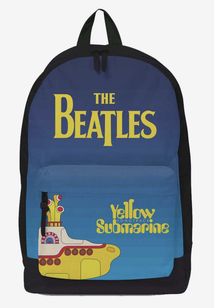 blue backpack with yellow submarine graphic