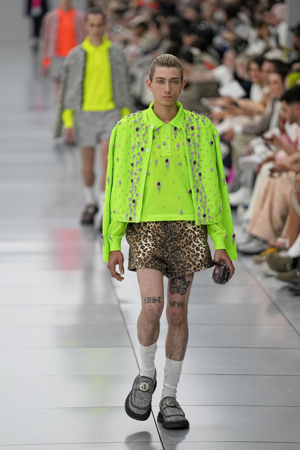 A model wears a creation for the Dior Menswear Spring/Summer 2024 fashion collection presented in Paris, Friday, June 23, 2023. (AP Photo/Michel Euler)