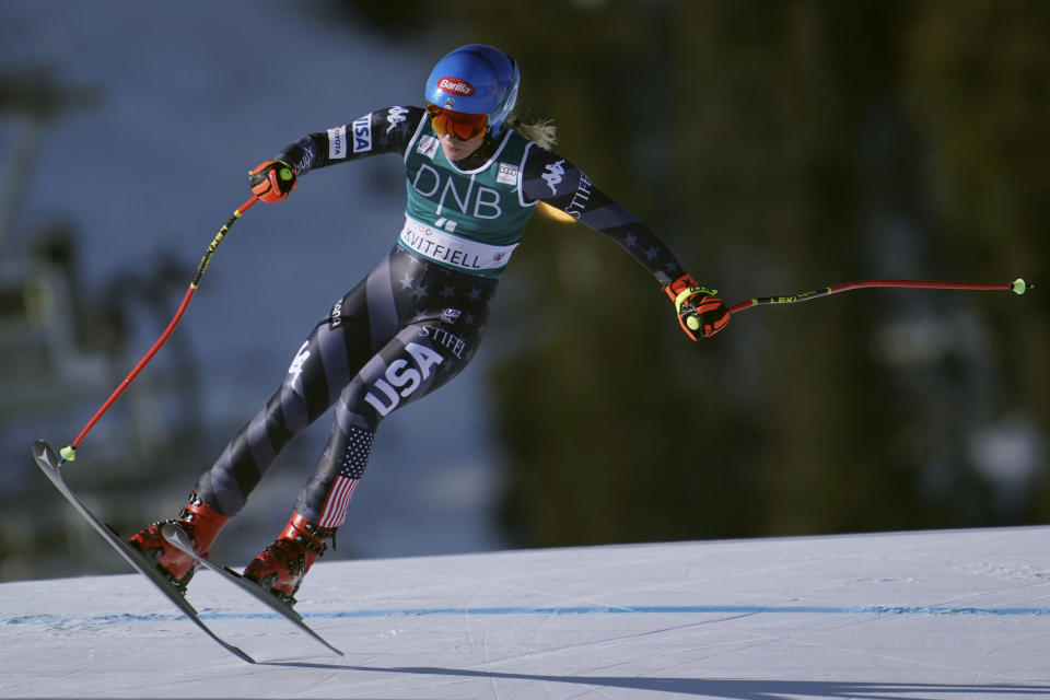 United States' Mikaela Shiffrin speeds down the course during an alpine ski, World Cup women's downhill race, in Kvitfjell, Norway, Saturday, March 4, 2023. (Stian Lysberg Solum/NTB Scanpix via AP)