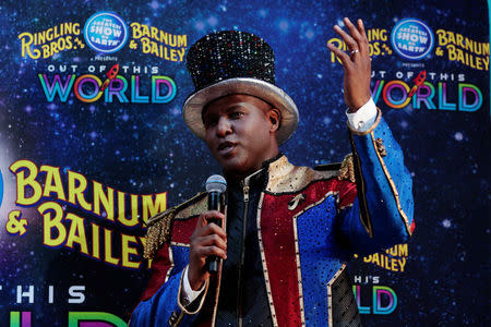 Ringmaster Johnathan Lee Iverson speaks to journalists during a news conference about the final weekend of the Ringling Bros. and Barnum & Bailey circus at Nassau Coliseum in Uniondale, New York, May 19, 2017. REUTERS/Lucas Jackson