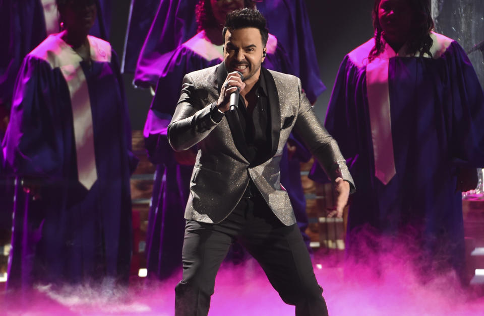 Luis Fonsi performs a medley at the 20th Latin Grammy Awards on Thursday, Nov. 14, 2019, at the MGM Grand Garden Arena in Las Vegas. (AP Photo/Chris Pizzello)