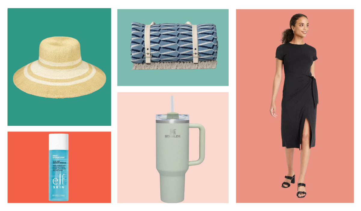 hat, beach towel, dress, water bottle, makeup remover