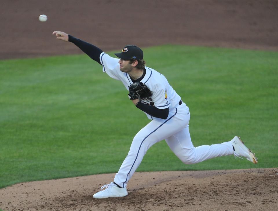 Akron RubberDucks pitcher Gavin Williams throws a third-inning pitch against Erie, Thursday, April 6, 2023.