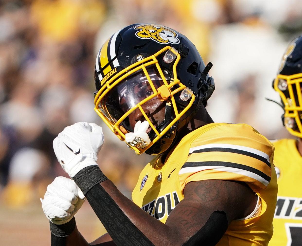 Oct 22, 2022; Columbia, Missouri, USA; Missouri Tigers defensive back Ennis Rakestraw Jr. (2) celebrates against the Vanderbilt Commodores after a tackle during the first half of the game at Faurot Field at Memorial Stadium.