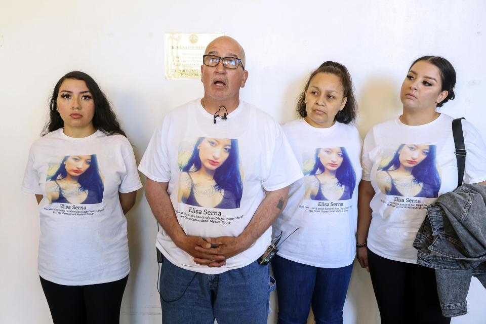 FILE - Elisa Serna's family members, from left, Star Serna, Michael Serna, Paloma Serna, and Deana Serna speak to the media at the El Cajon courthouse on Wednesday, Oct. 26, 2022 in El Cajon, Calif. Jurors on Friday, Feb. 9, 2024, acquitted Danalee Pascua in the 2019 death of 24-year-old Elisa Serna at the Las Colinas Detention Facility in the San Diego suburb of Santee. Prosecutors said Serna was suffering substance abuse withdrawals and had several seizures before her death. They contended that Pascua and a jail doctor, Friederike Von Lintig, ignored her serious medical condition. (Eduardo Contreras/The San Diego Union-Tribune via AP, File)