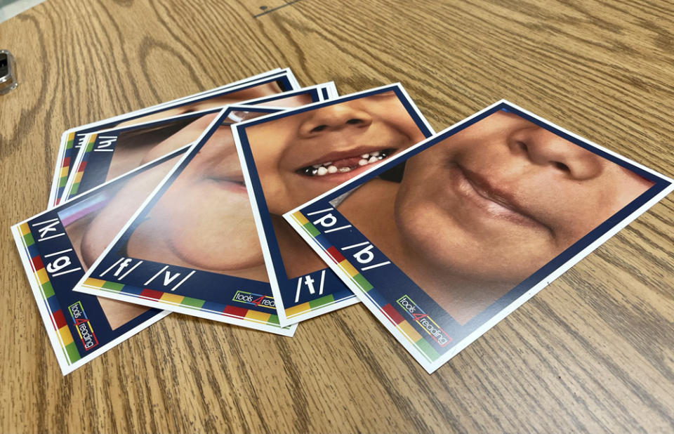 To supplement the Fulton County district’s new reading curriculum, Stonewall Tell’s governance council chose additional materials like “Kids Lips” cards. (Linda Jacobson/The 74) 