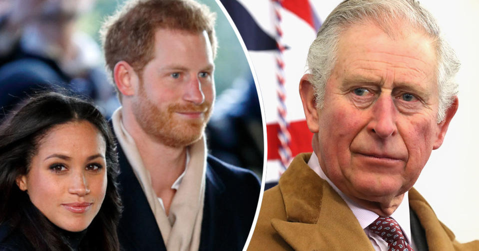 L: Prince Harry and Meghan Markle. R: King Charles