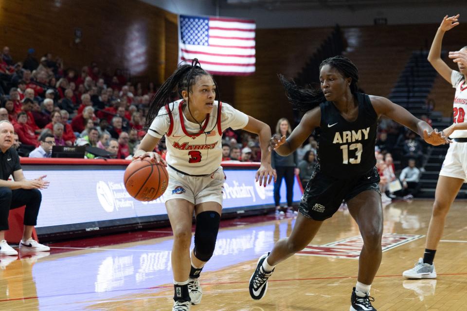 Marist's Kiara Fisher drives toward the basket against Army during a Nov. 9, 2023 women's basketball game.