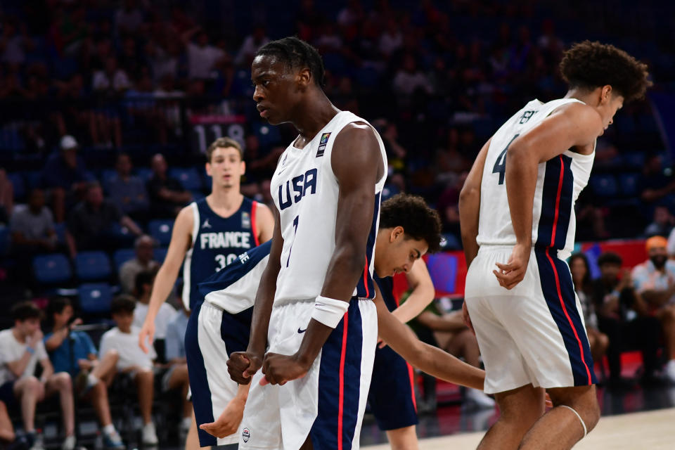 AJ Dybantsa, #7 of the United States of America (USA) in action during the FIBA U17 Basketball World Cup - Turkiye 2024 Group B match between the United States of America (USA) and France at Sinan Erdem Dome in Istanbul, Turkey on June 29, 2024. (Photo by Altan Gocher / Hans Lucas / Hans Lucas via AFP) (Photo by ALTAN GOCHER/Hans Lucas/AFP via Getty Images)