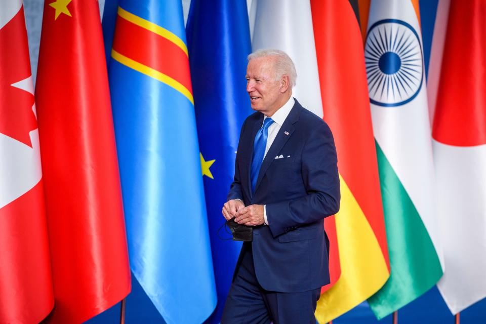 President Joe Biden arrives for the welcome ceremony on the first day of the Rome G20 summit, on October 30, 2021 in Rome, Italy.