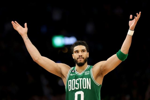 Boston's Jayson Tatum celebrates his 51-point performance in the Celtics' series-clinching victory over the Philadelphia 76ers in the NBA Eastern Conference semi-finals