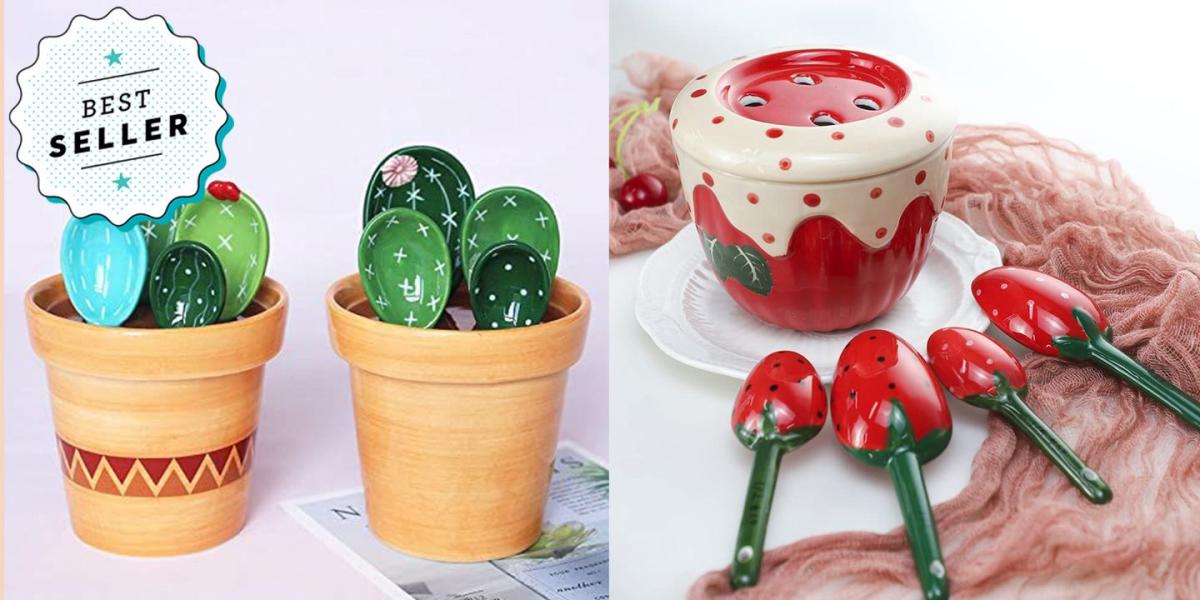4Pcs Cactus Measuring Spoon With Cup Ceramic Spoons With Rack