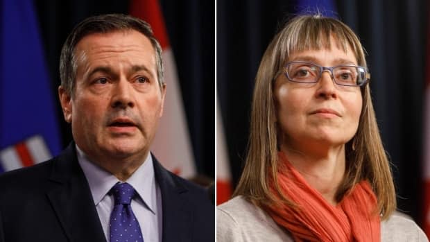 Alberta Premier Jason Kenney and Dr. Deena Hinshaw, the province's chief medical officer of health, updated vaccine rollout at a COVID-19 news conference on Tuesday. (CBC - image credit)