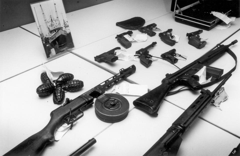 A weapons cache seized during a 1987 Boston gangland bust. Boston Globe via Getty Images