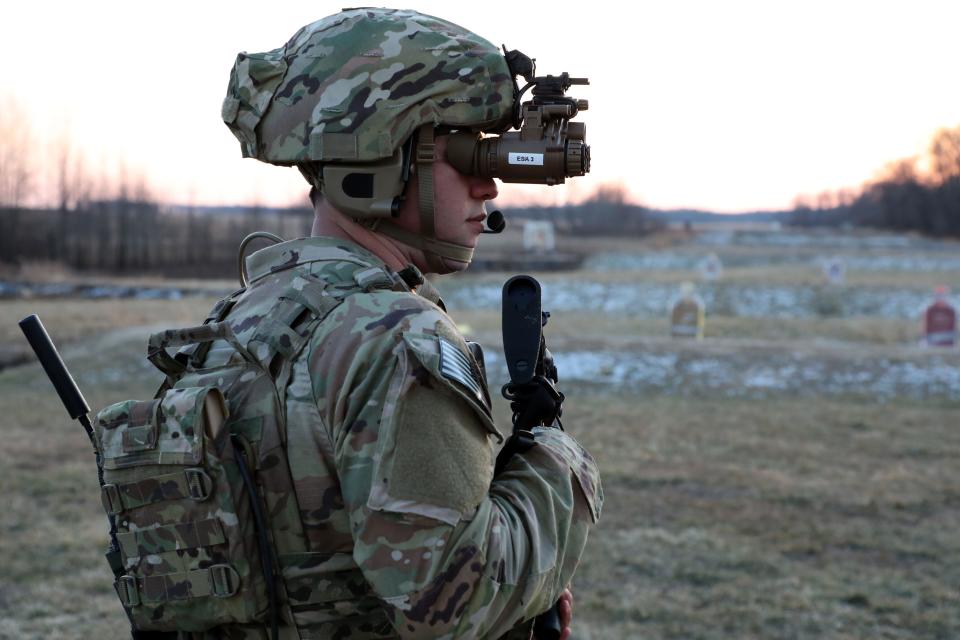 A soldier from the 101st Airborne Division dons the Enhanced Night Vision Goggle and Nett Warrior during tests at Aberdeen Proving Ground, Maryland, in February 2021. (Courtney Bacon/Army)