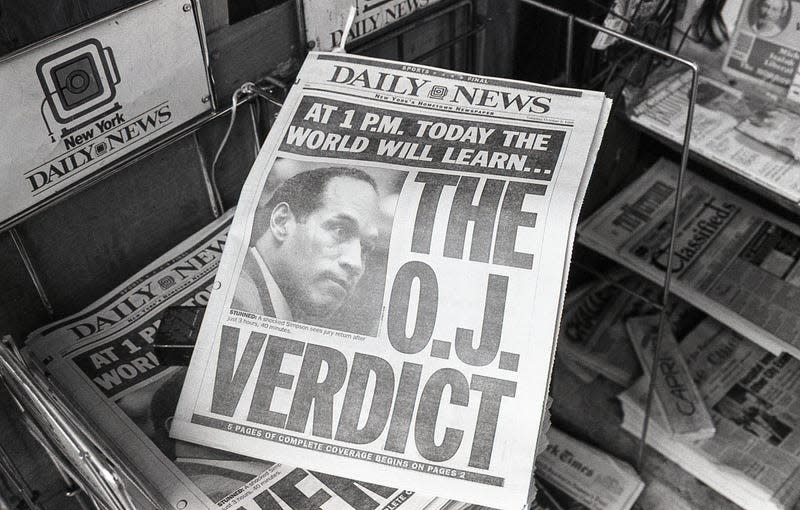 The cover of the New York Daily News, 3rd October 1995, the day of the verdict in O J Simpson’s trial for the murders of Nicole Brown Simpson and Ron Goldman. - Photo: Barbara Alper (Getty Images)