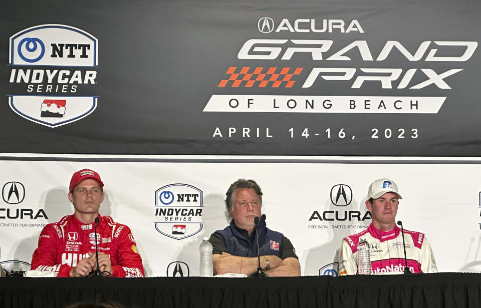 Marcus Ericsson, left, Michael Andretti, center, and Kyle Kirkwood attend a news conference for the IndyCar Grand Prix of Long Beach auto race, Saturday, April 15, 2023 in Long Beach, Calif. Kirkwood, a native of Jupiter, Florida, won the pole and will lead the field to green Sunday in the most prestigious road course race in the United States. Ericsson of Sweden qualified second. (AP Photo/Jenna Fryer)