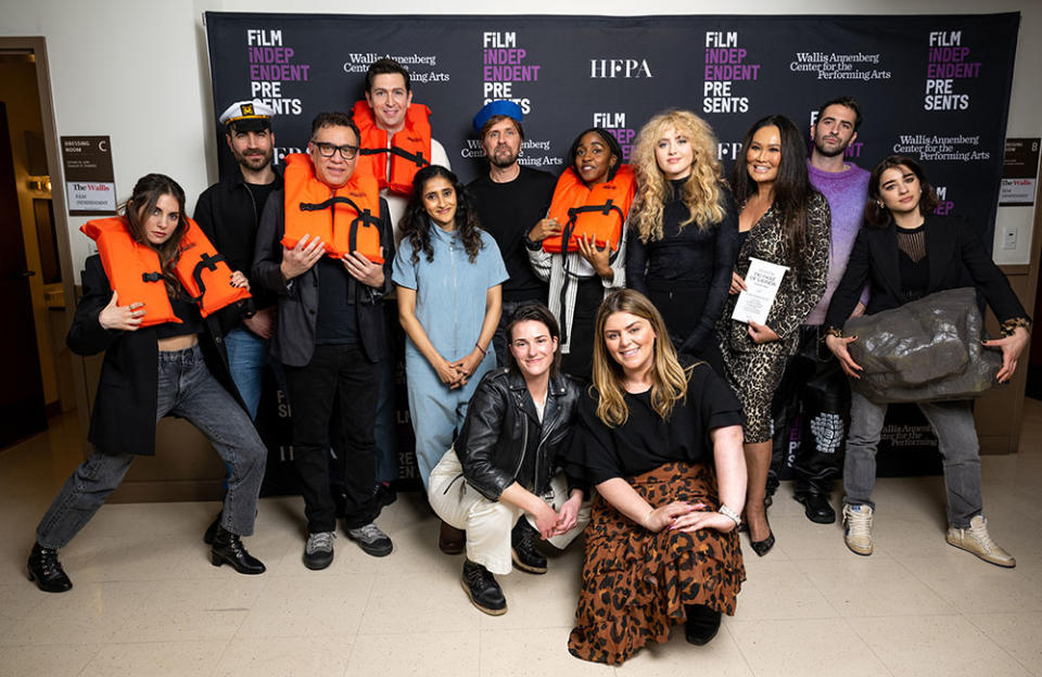 (Clockwise from Top L) Alison Brie, Brett Goldstein, Fred Armisen, Nicholas Braun, Aparna Nancherla, Ruben Östlund, Ayo Edebiri, Kathryn Newton, Tia Carrere, Jordan Firstman, Simona Tabasco, Rachel Bleemer and Claire Timmons attend the Film Independent Live Read of “Triangle Of Sadness” at the Wallis Annenberg Center for the Performing Arts on February 27, 2023 in Beverly Hills, California.