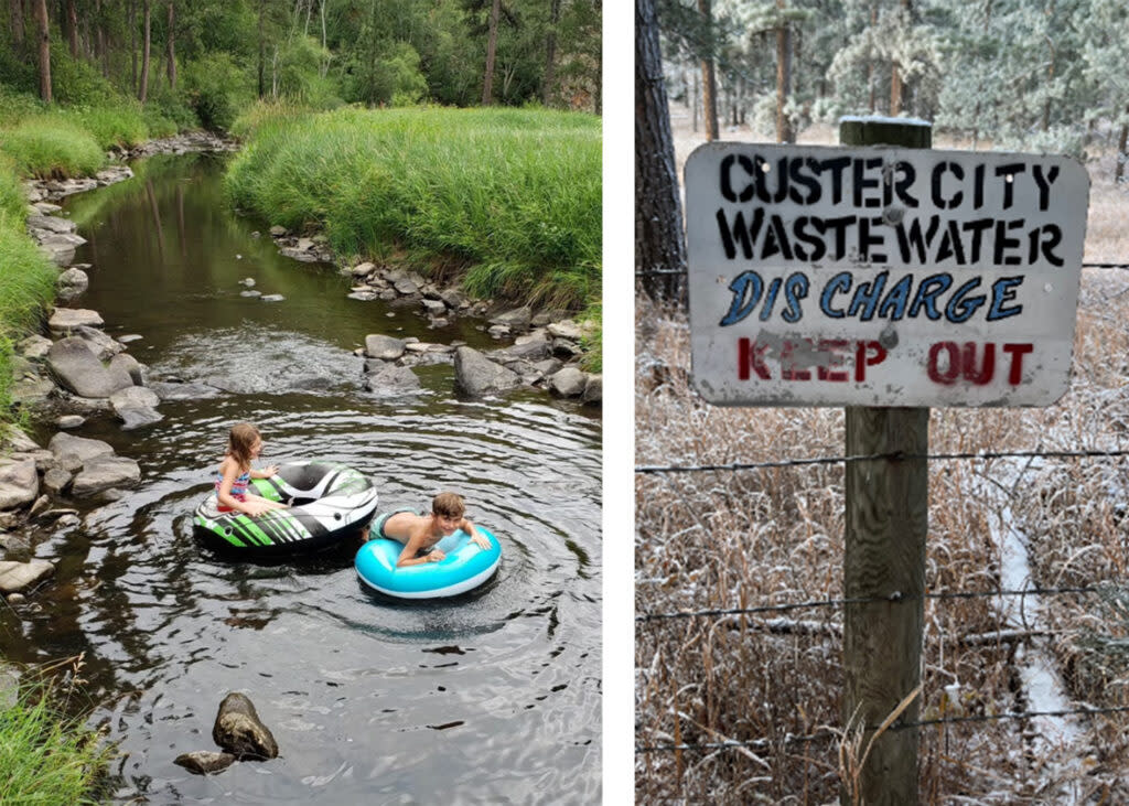 Kids float down French Creek; a sign stands near the city of Custer's treated wastewater discharge point along Flynn Creek. (Courtesy photos)