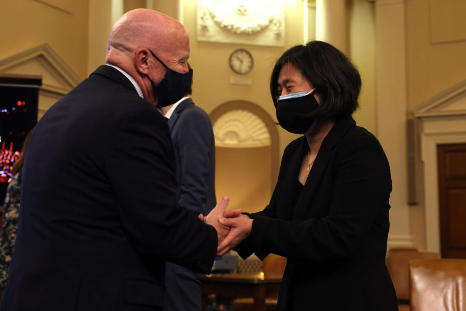 WASHINGTON, DC - MAY 13: U.S. Trade Representative Katherine Tai (R) is greeted by House Ways and Means Committee Ranking Member Kevin Brady (R-TX) before the start of a hearing at Capitol Hill on May 13, 2021 in Washington DC. Tai took questions from members about President Biden’s 2021 trade policy agenda.  (Photo by Anna Moneymaker/Getty Images)