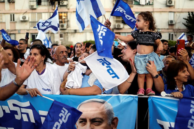 FILE PHOTO: Supporters of Former Israeli Prime Minister Benjamin Netanyahu attend a local campaign event in the run up to Israel's elections