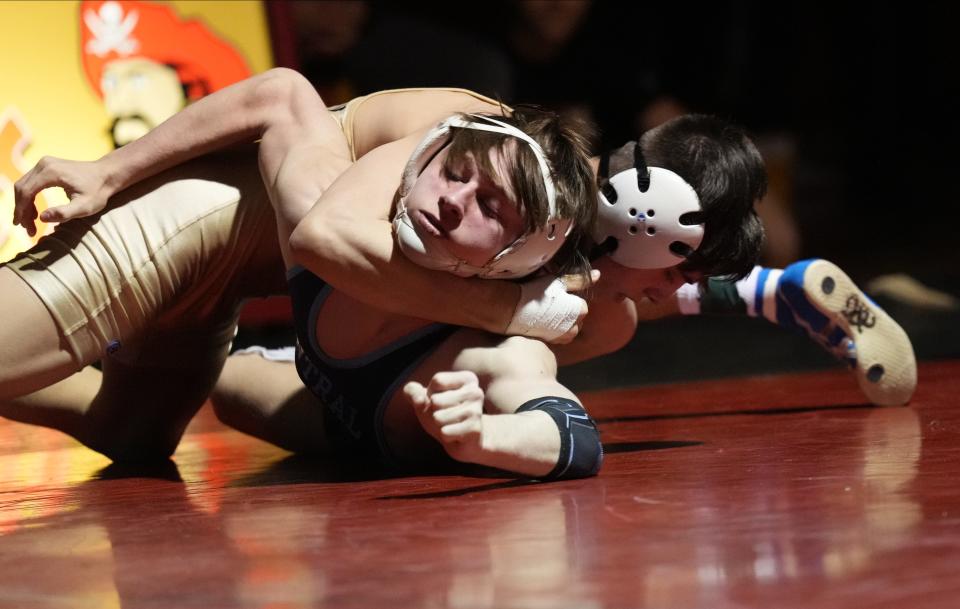 Luke Stanich of Roxbury defeated Michael Campanaro of West Morris and won the 126 lb. class during the finals of the Morris County Wrestling Tournament in Mt. Olive, NJ on January 27, 2023.