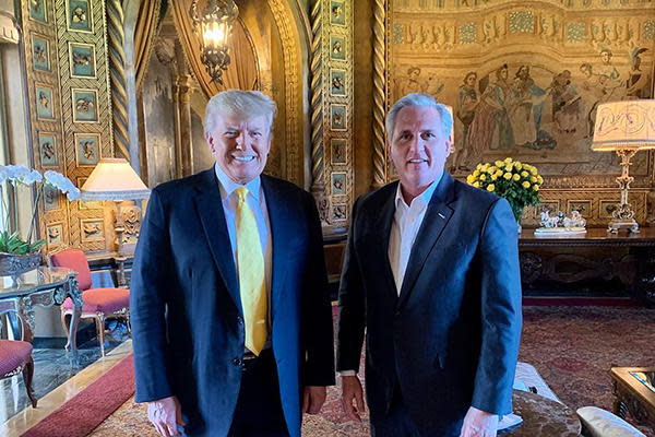 Former President Donald Trump and House Minority Leader Kevin McCarthy meet at Mar-a-Lago in Palm Beach, Florida, on Thursday, January 28, 2021. / Credit: Handout / Save America