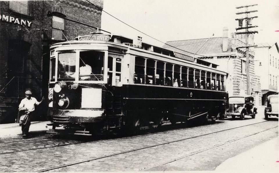 A trolley at the corner of State St. and Mercer in Hackensack in the 1930s. The automobile got the run of the road in 1938, when the last of Bergen County's trolleys were mothballed.