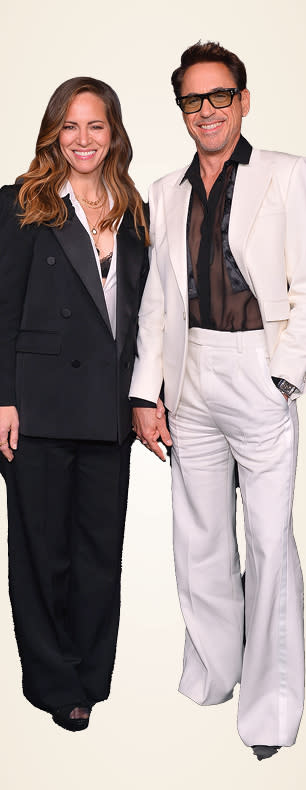 Robert Downey Jr. and Susan Downey in L.A. in Saint Laurent suits at the Saint Laurent x Vanity Fair x NBCUniversal dinner and party to celebrate Oppenheimer.