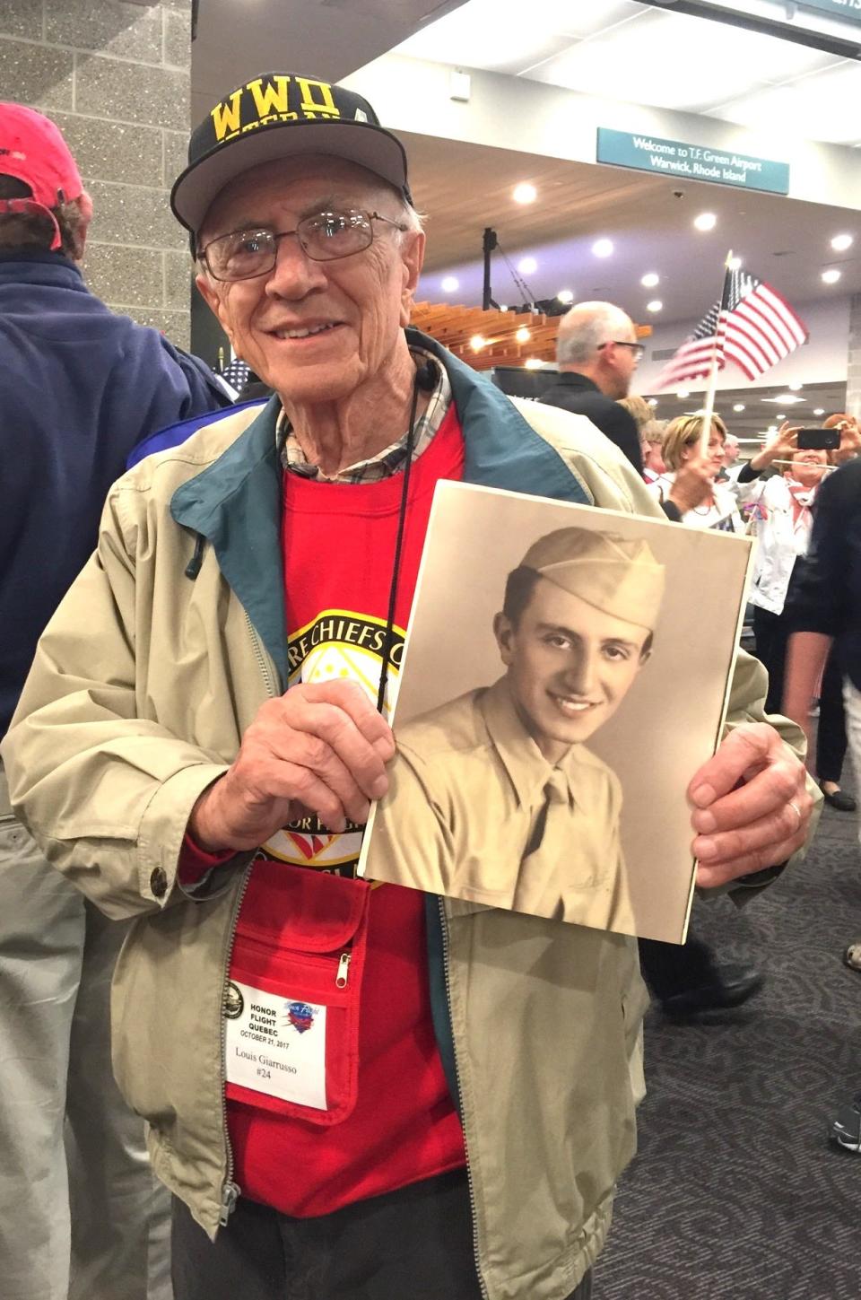 In 2017, Louis Giarrusso participated in an Honor Flight to Washington, D.C., to visit the World War II Memorial. He is pictured at the airport, holding a photo of himself from 1944.