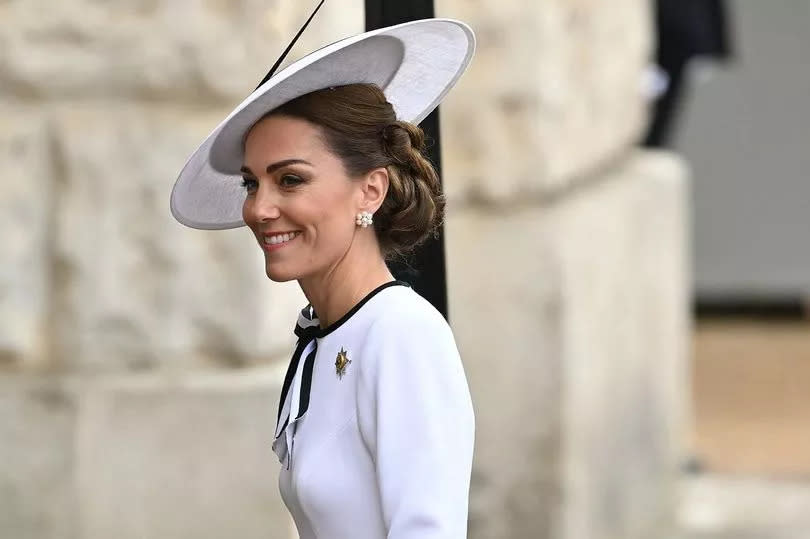 TOPSHOT - Britain's Catherine, Princess of Wales, arrives to Horse Guards Parade for the King's Birthday Parade "Trooping the Colour" in London on June 15, 2024. Catherine, Princess of Wales, is making a tentative return to public life for the first time since being diagnosed with cancer, attending the Trooping the Colour military parade in central London. (Photo by JUSTIN TALLIS / AFP) (Photo by JUSTIN TALLIS/AFP via Getty Images)