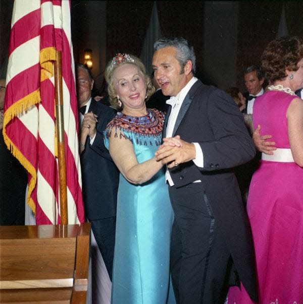 Cosmetics entrepreneur and icon Estée Lauder dances with Verne Casanave - a professional dancer who led several noted studios and helped to found the Fred Astaire Dance Studios - at the Red Cross Ball at The Breakers in Palm Beach on Feb. 1, 1969.