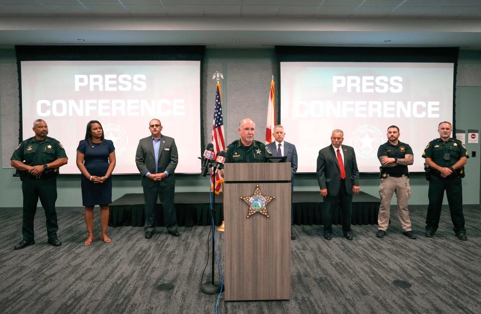 Flagler County Sheriff Rick Staly holds a press conference announcing the arrest of an 11-year-old Virginia boy accused making swatting calls to local schools in May of this year, Thursday, July 25, 2024.