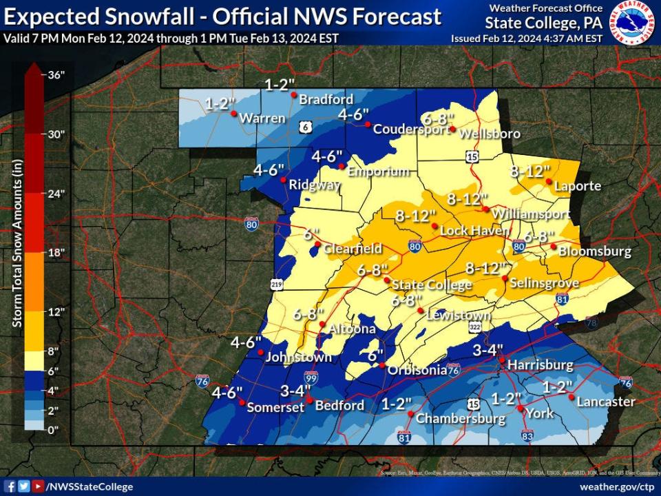 Snow is expected to fall in south-central Pennsylvania on Tuesday morning. Predicted totals range from zero to half a foot, depending on the location.